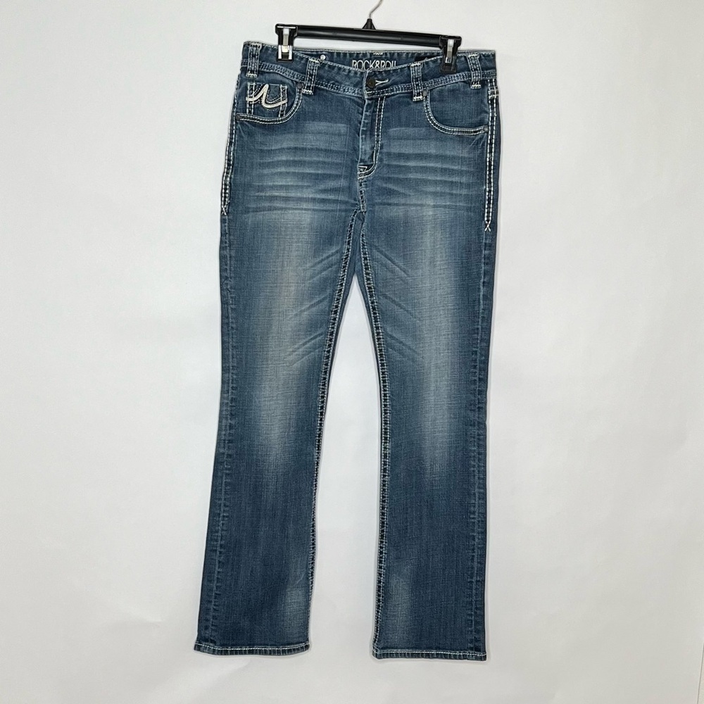 Rock & Roll Cowgirl Boyfriend Western Mid Rise Medium Wash Denim Jean Size 30/34